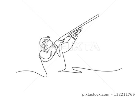 Single one line drawing attractive man, a shooting athlete, is aiming a shotgun upward to target an airborne object with intense focus. Modern continuous line draw design graphic vector illustration 132211769