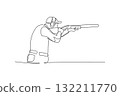 Single one line drawing young man shooting athlete aiming shotgun, forward-leaning stance, wearing ear protection, concentration and precision. Continuous line draw design graphic vector illustration 132211770