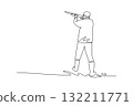 Single one line drawing man shooting athlete is aiming shotgun from steady, rear-facing stance, illustrating concentration and precision. Modern continuous line draw design graphic vector illustration 132211771