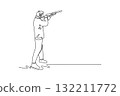 Single one line drawing back view of male shooting athlete aiming shotgun with intense focus and steady stance, wearing ear protection. Modern continuous line draw design graphic vector illustration 132211772