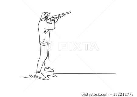 Single one line drawing back view of male shooting athlete aiming shotgun with intense focus and steady stance, wearing ear protection. Modern continuous line draw design graphic vector illustration 132211772