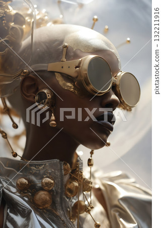 elaborate female dress with shiny gold head pieces, glasses and wires, in the style of afrofuturism, mechanical realism, angelcore, captivating gaze, historical genre scenes elaborate female dress with shiny gold head pieces, glasses and wires, in the style of afrofuturism, mechanical realism, angelcore, captivating gaze, historical genre scenes 132211916