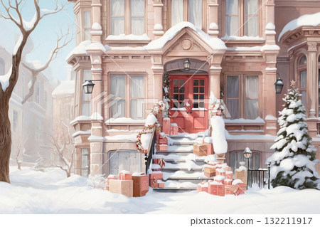 exteriors of the house are decorated for Christmas or New Year's holiday, city street in winter, snow, gifts on the porch, bright sunny day, a fairy-tale environment exteriors of the house are decorated for Christmas or New Year's holiday, city street in winter, snow, gifts on the porch, bright sunny day, a fairy-tale environment 132211917