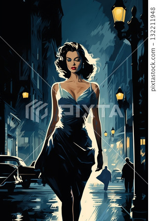 Portrait of a beautiful fashionable woman with a hairstyle, in a city street, at night. Illustration poster in the style of 1960 Portrait of a beautiful fashionable woman with a hairstyle, in a city street, at night. Illustration poster in the style of 1960 132211948