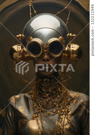 elaborate female dress with shiny gold head pieces, glasses and wires, in the style of afrofuturism, mechanical realism, angelcore, captivating gaze, historical genre scenes elaborate female dress with shiny gold head pieces, glasses and wires, in the style of afrofuturism, mechanical realism, angelcore, captivating gaze, historical genre scenes 132211949