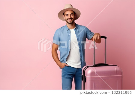 young adult Caucasian male with suitcase on pink background, neural network generated photorealistic image 132211995