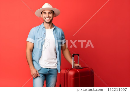 young adult Caucasian male in casual clothes with suitcase on red background, neural network generated photorealistic image 132211997