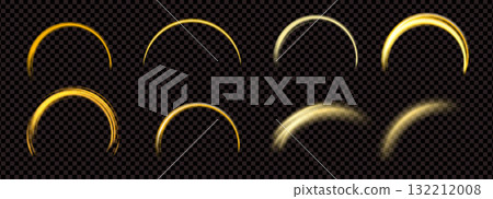 Glowing arc frames set. Golden semicircles collection. Light magic beams. Gold glimmer line borders. Abstract yellow eclipse and comets. Vector arch illustration on dark transparent background 132212008