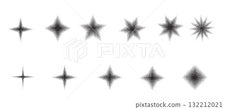 Stars icons grain noise gradient shapes. Retro y2k stippling twinkle various forms set. Black shade dotworks blinks icons isolated. Vector spray paint bling star symbols illustration 132212021