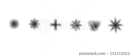 Y2k flowers icons with grain noise gradient. Retro black stippling forms set. Halftone gradation floral noir figures isolated on white background. Vector dotworks gritty flower shapes illustration 132212022