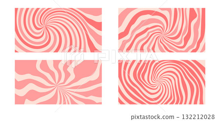 Twisted pink candy patterns set. Cream texture starburst backgrounds collection. Retro spiral sun rays backdrop. Vector wavy dynamic lines optical illusion. Carnival starbursts stripes vintage banners 132212028