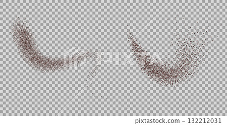 Coffee powder squiggle fly squiggle lines shapes. Grainy texture chocolate splash curvy long element. Spray dotwork form. Vector wavy splash. Grunge food figure isolated on transparent background Coffee powder squiggle fly squiggle lines shapes. Grainy texture chocolate splash curvy long element. Spray dotwork form. Vector wavy splash. Grunge food figure isolated on transparent background 132212031