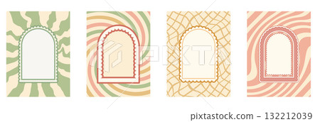 Arch scallop groovy frames banners template set. Wavy edges geometric doodles. Wave arc borders on distressed lines and grid background. Poster with door portal elements. Vector retro illustration Arch scallop groovy frames banners template set. Wavy edges geometric doodles. Wave arc borders on distressed lines and grid background. Poster with door portal elements. Vector retro illustration 132212039