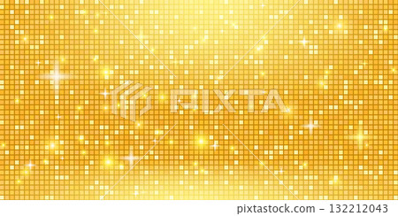 Disco ball mosaic with gold mirror glitter texture. Shiny yellow sequin pattern background. Festive glamour fashion golden decoration. Glam sparkle Christmas wall. Vector illustration 132212043