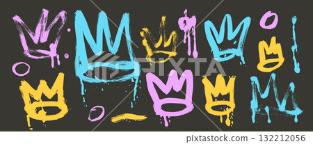 Spray paint graffiti king and queen elements Colorful hand drawn simple crowns set isolated on dark background. Grunge brush textured crown with painted splashes. Urban street vector illustration Spray paint graffiti king and queen elements Colorful hand drawn simple crowns set isolated on dark background. Grunge brush textured crown with painted splashes. Urban street vector illustration 132212056