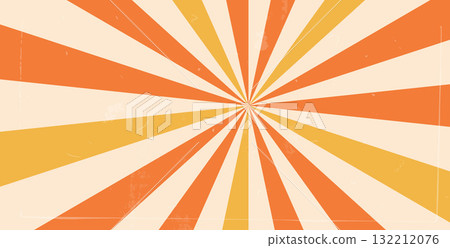 Groovy warm colors starburst background with scratches and dust noise. Retro sun rays illustration. Vector decoration. Radial carnival stripes vintage backdrop. Sunburst textured 70s pop art design 132212076