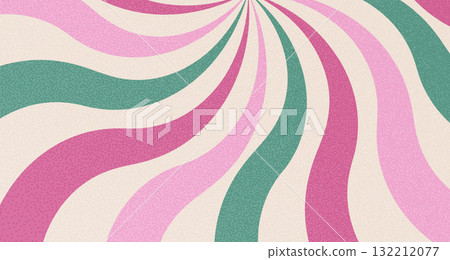 Purple and green groovy twisted starburst background. Retro spiral sun rays abstract illustration. Vector carnival stripes vintage backdrop. Sunburst textured 70s pop art design 132212077