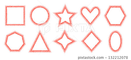Chili pepper geometric thin frames set. Grainy textured sweet paprika borders in circle, heart, star shape form. Masala red powder text boxes isolated on white background. Vector graffiti illustration Chili pepper geometric thin frames set. Grainy textured sweet paprika borders in circle, heart, star shape form. Masala red powder text boxes isolated on white background. Vector graffiti illustration 132212078