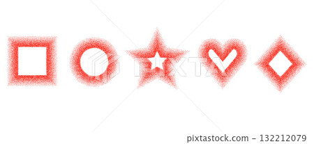 Chili pepper grainy noise geometric shapes set. Dotwork paprika textured red frame elements. Rectangle, heart and circle halftone spicy powder text boxes. Vector gritty stickers. Grunge callouts 132212079