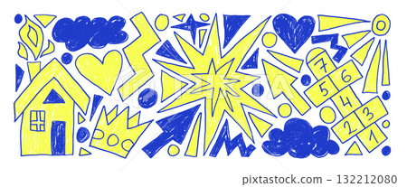 Kids fun elements neon crayon drawn set. Blue and yellow house, hopscotch, sun and clouds doodle shapes isolated on white background. Kindergarten naive school marker figures. Vector illustration 132212080