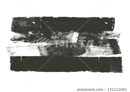 Ink roller brayer brush streak texture. Grunge paint stripes print. Linocut black merged lines. Thick rectangle stamps set. Chalk wide underlines. Vector smear label banner background. Ruined element 132212081