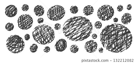 Scribble hand drawn circle and ovals forms scribble set. Polka dots handmade marker black shapes. Doodle balls of yarns. Vector round figures collection illustration isolated on white background 132212082
