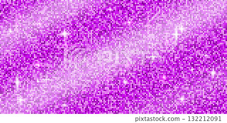 Neon disco ball mosaic background with purple mirror glitter texture. Shiny violet tones sequin pattern. Glam Christmas sparkle.Festive fashion folded fabric decoration. Vector glossy illustration 132212091