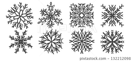 Snowflakes doodle hand drawn set. Winter season frozen elements. Christmas snowy symbols. Vector simple ice crystal shapes illustration isolated on transparent background 132212098