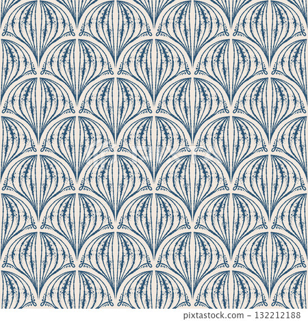 Geometric seamless pattern with ink line texture forming elegant fan shapes. Hand drawn vector line art with beige and blue contrast. Ideal for wallpaper textile design and sketch style templates. Geometric seamless pattern with ink line texture forming elegant fan shapes. Hand drawn vector line art with beige and blue contrast. Ideal for wallpaper textile design and sketch style templates. 132212188