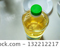 Top view of a plastic bottle of vegetable oil 132212217