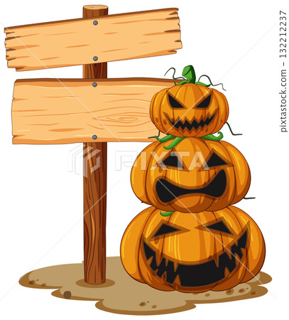 Stacked Jack O Lanterns Beside Wooden Signboard 132212237