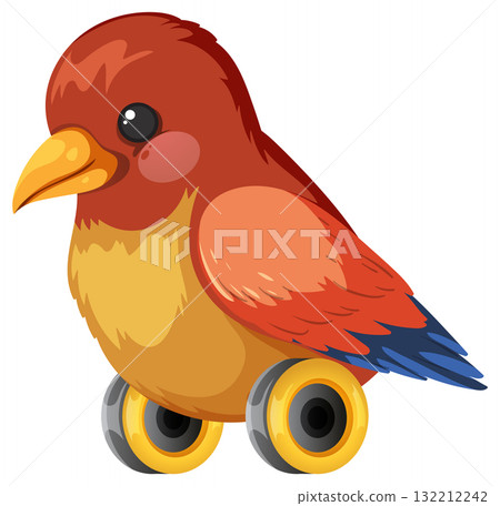 Cartoon Red Bird with Wheels Vector Illustration 132212242