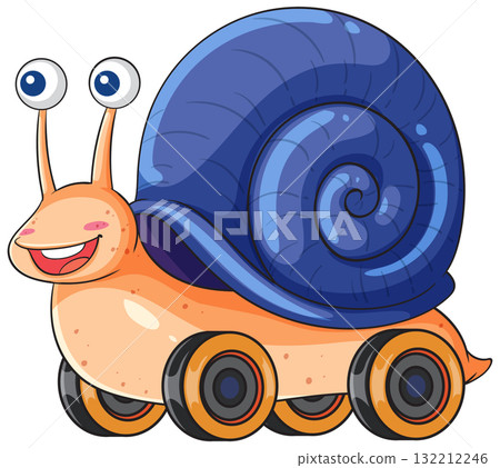 Cartoon Snail With Blue Shell and Four Wheels 132212246