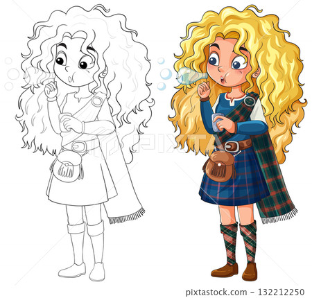 Curly-Haired Girl Blowing Dandelion Seeds in Tartan Dress Curly-Haired Girl Blowing Dandelion Seeds in Tartan Dress 132212250