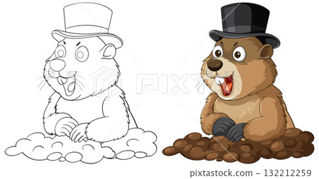 Groundhog Wearing Top Hat Emerging From Burrow Vector Illustration 132212259