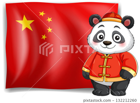 Cartoon Panda in Traditional Outfit with Chinese Flag Background 132212260