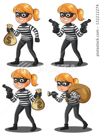 Cartoon Female Burglar in Striped Shirt with Money Bag 132212274