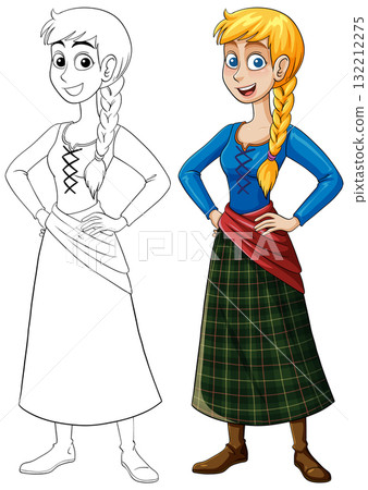 Smiling Cartoon Woman in Traditional Plaid Skirt Smiling Cartoon Woman in Traditional Plaid Skirt 132212275