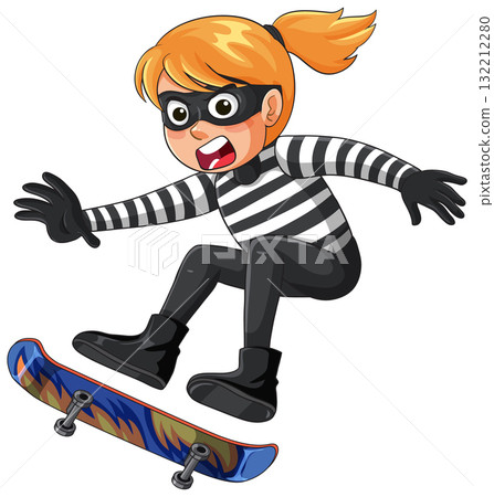 Female Cartoon Robber Performing Skateboard Trick in Midair Female Cartoon Robber Performing Skateboard Trick in Midair 132212280
