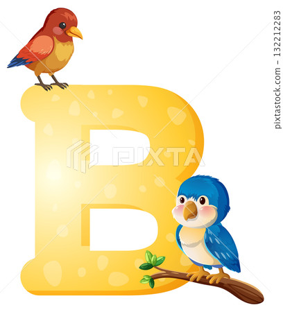 Two Colorful Birds with Large Yellow Letter B 132212283
