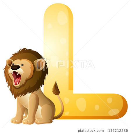 Cartoon Lion with Large Yellow Letter L Illustration 132212286