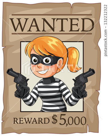 Cartoon Female Burglar on Wanted Poster With Pistols 132212322