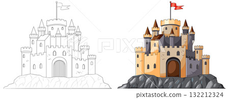 Medieval Stone Castle on Rocky Hill Vector Illustration 132212324