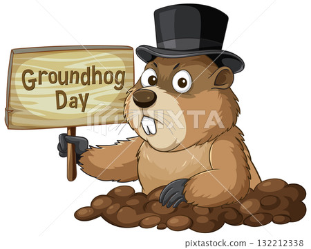 Groundhog Wearing Top Hat Holding Groundhog Day Sign Groundhog Wearing Top Hat Holding Groundhog Day Sign 132212338