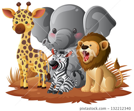 Cartoon African Animals Group on Grass in Vector Style 132212340