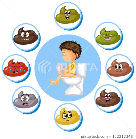 Child on Toilet Surrounded by Cartoon Poop Emotions Child on Toilet Surrounded by Cartoon Poop Emotions 132212348