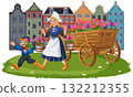 Dutch Woman and Boy with Tulip Cart in Village 132212355