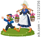 Dutch Woman and Boy Carrying Tulips in Traditional Clothing 132212356