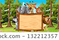 Cartoon Jungle Animals with Blank Wooden Sign in Forest 132212357