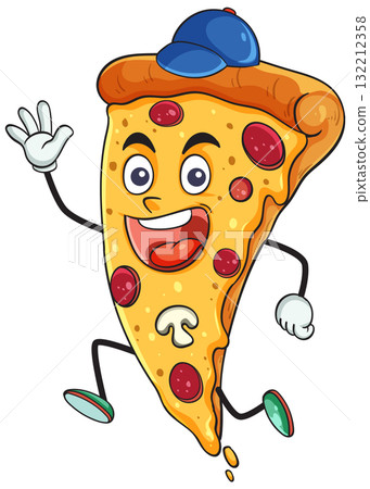 Cheerful Cartoon Pizza Slice Running With Blue Cap 132212358
